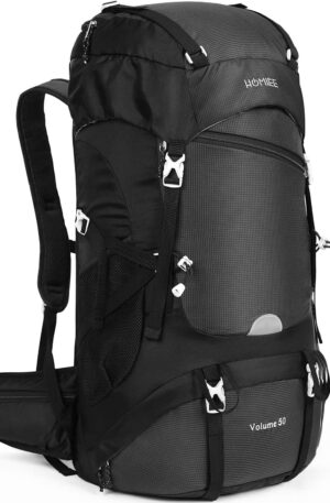 HOMIEE Mochila de trekking de 50 L, bolsa de viaje, mochila impermeable para acampar con cubierta para la lluvia, mochila ligera para mochilero